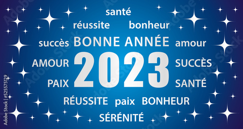 Bonne année 2023 ! Carte de vœux bleue et argenté en français. Bannière vectorielle.