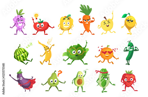 Vegetables fruits funny characters emotions with face expression set vector illustration