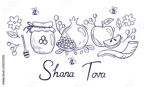 Rosh Hashanah card design with apple, honey, pomegranate and bees on white background in doodle style. Vector