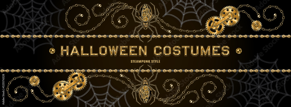 Halloween banner, poster in steampunk style. Advertising signboard, shield with copy space. Creative background with gold bike chain, gears, metallic spider, gold curls, spider web of jewelry chain