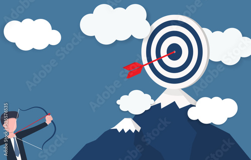 Get to success. The businessman raised his arrows at the target high in the mountains. Vector illustration Eps10.