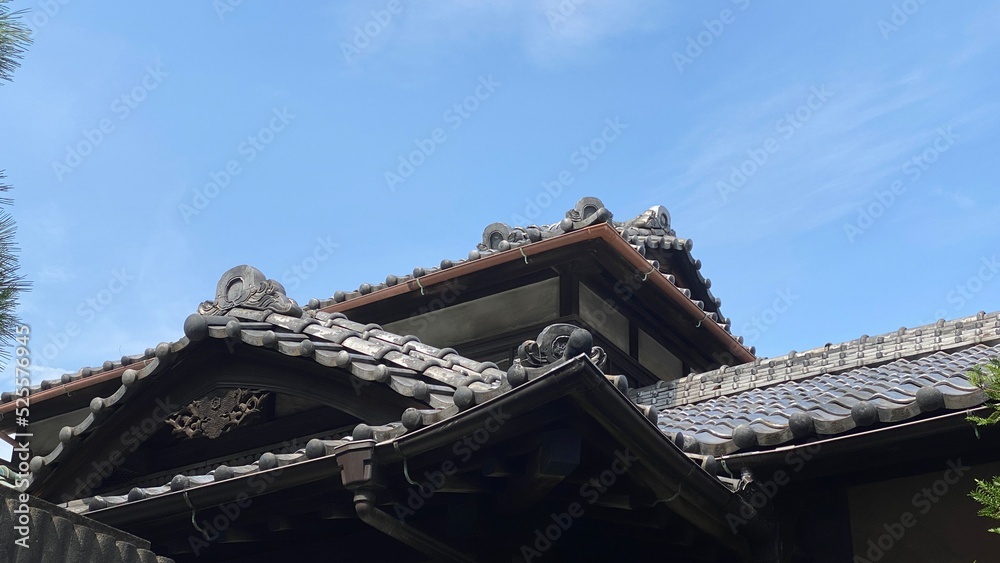 The beautiful old roof architecture of Japan on the street of Nezu Tokyo, the pine tree and the details, year 2022 August 24th, Japan