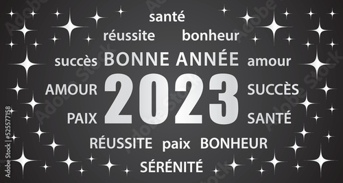 Bonne année 2023 ! Carte de vœux noir et argenté en français. Bannière vectorielle.