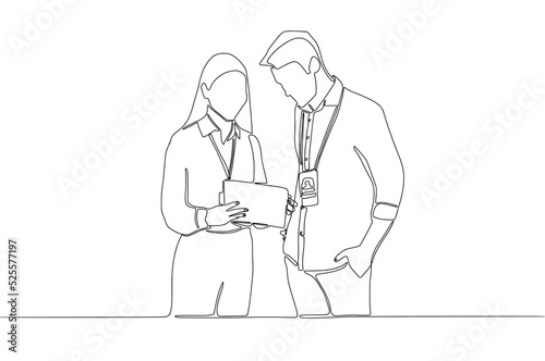 Continuous Line art of Business discussion of man and woman, One line design minimalist vector illustration. Drawing of young male and female startup founders. Entrepreneurs 