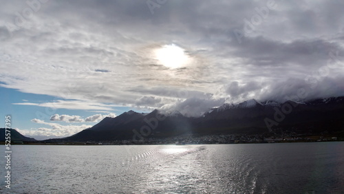 Martial Mountains above the Beagle Channel, in Ushuaia, Argentina, with a ray of sunlight shining down on the water