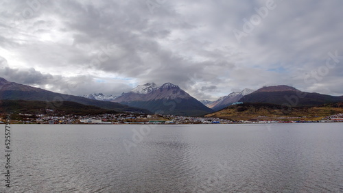 Martial Mountains covered in snow above the town of Ushuaia, Argentina, on the Beagle Channel