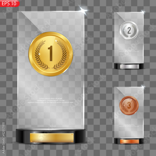 Glass awards. Realistic transparent winner trophy