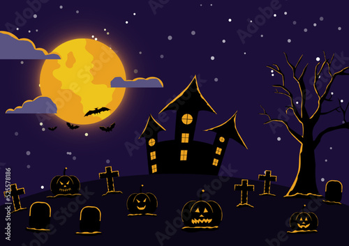vector illustration Halloween silhouette with elements Trees, full moons, castles, pumpkins, funerals, bats.
