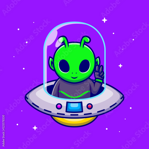 Cute Alien With Peace Hand In Spaceship UFO Cartoon 
Vector Icon Illustration. Science Technology Icon Concept 
Isolated Premium Vector. Flat Cartoon Style