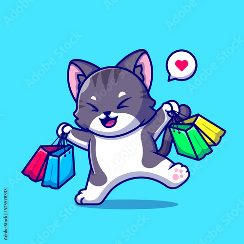 Cute Cat Shopping Cartoon Vector Icon Illustration. Animal 
Business Icon Concept Isolated Premium Vector. Flat Cartoon 
Style