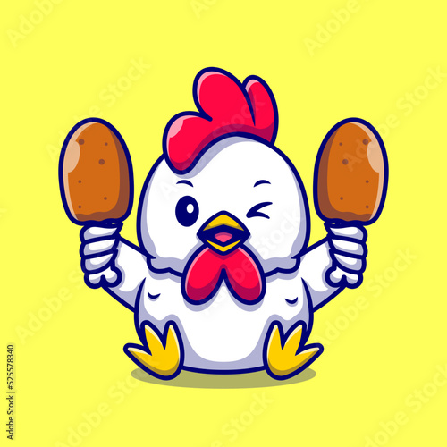 Cute chicken Holding Fried Chicken Cartoon Vector Icon Illustration. Animal Food Icon Concept Isolated Premium Vector. Flat Cartoon Style