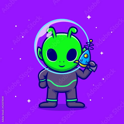 Cute Alien Holding Gun Weapon Cartoon Vector Icon Illustration. Sience Technology Icon Concept Isolated Premium Vector. Flat Cartoon Style