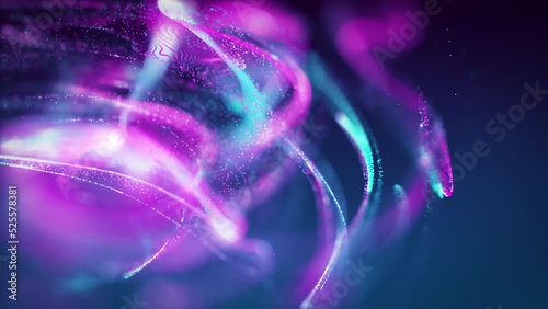 Blue and purple particle stream. Digital data flow. Creative abstract background. Dynamic pattern with fluid simulation and light. 3D render