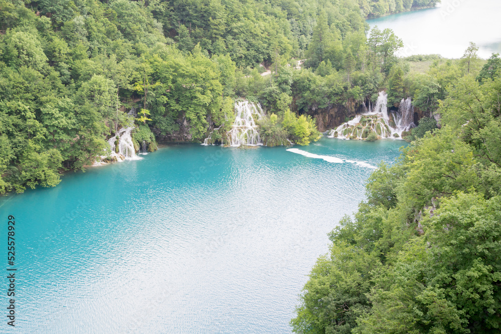 Beautiful paradise. Blue lake and cascade in the forest, Plitvice lakes, Croatia.
