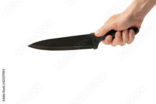 Knife in male hand isolated on white background.