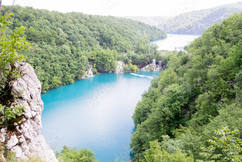 Beautiful paradise. Blue lake and cascade in the forest  Plitvice lakes  Croatia.