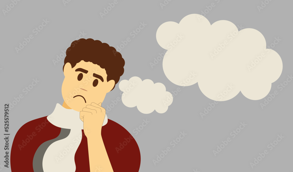Man thinks and solves the problem. Thoughtful and distressed face of a man represents how to solve everything. Clouds come out of my head. The head rests on the fist. Vector premium illustration. Man thinks and solves the problem. Thoughtful and distressed face of a man represents how to solve everything. Clouds come out of my head. The head rests on the fist. Vector premium illustration.