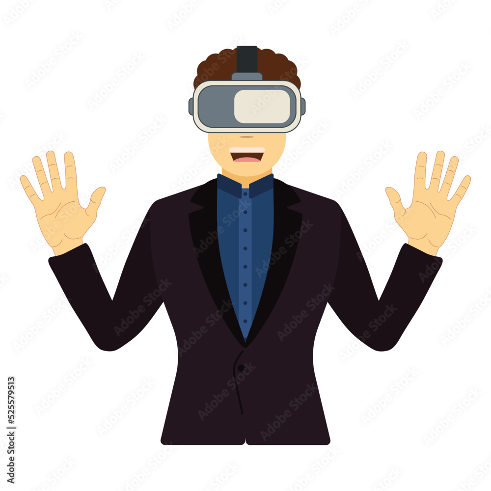 Man smiles in a suit and in virtual reality glasses. Metaverse is already here. Future is in our hands. Person experiences a virtual reality simulation and gains access to their own virtual universe. Man smiles in a suit and in virtual reality glasses. Metaverse is already here. Future is in our hands. Person experiences a virtual reality simulation and gains access to their own virtual universe.