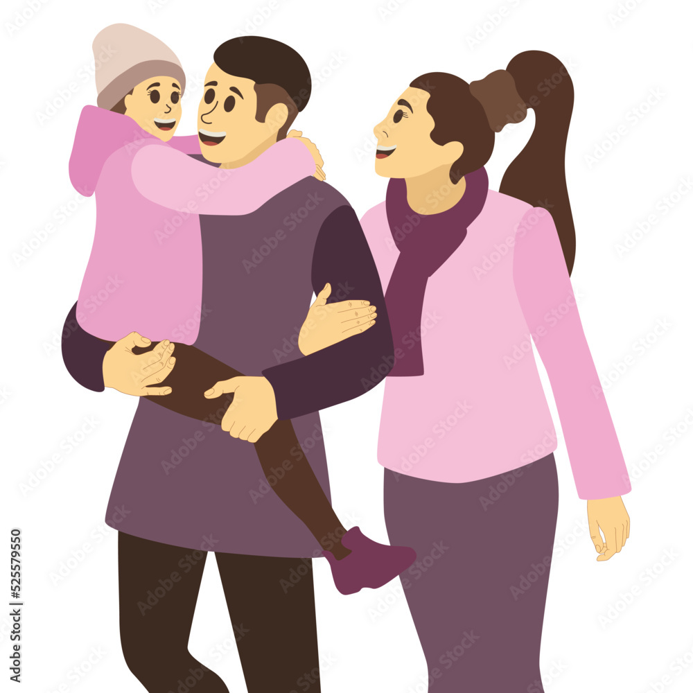 Vector illustration of Mom dad and daughter on a white background. Daughter in the arms of the father. Family in warm clothes. Happy family concept. Family day. Vector illustration of Mom dad and daughter on a white background. Daughter in the arms of the father. Family in warm clothes. Happy family concept. Family day.