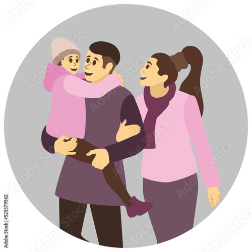 World Family Day. Icon of Dad Mom and daughter in the arms of the father. The family is warmly dressed. Vector illustration in cartoon style.