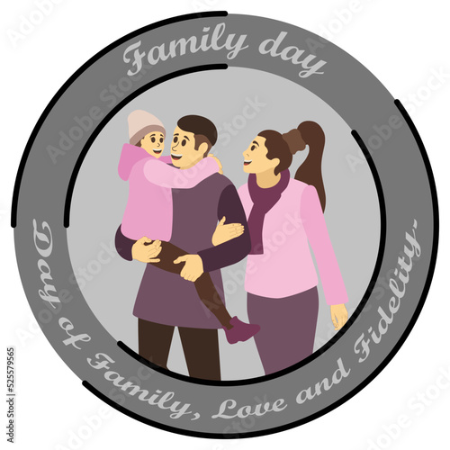 World Family Day. Dad Mom and daughter in the arms of the father. The family is warmly dressed. Happy family concept. Vector icon stripe badge illustration in cartoon style.