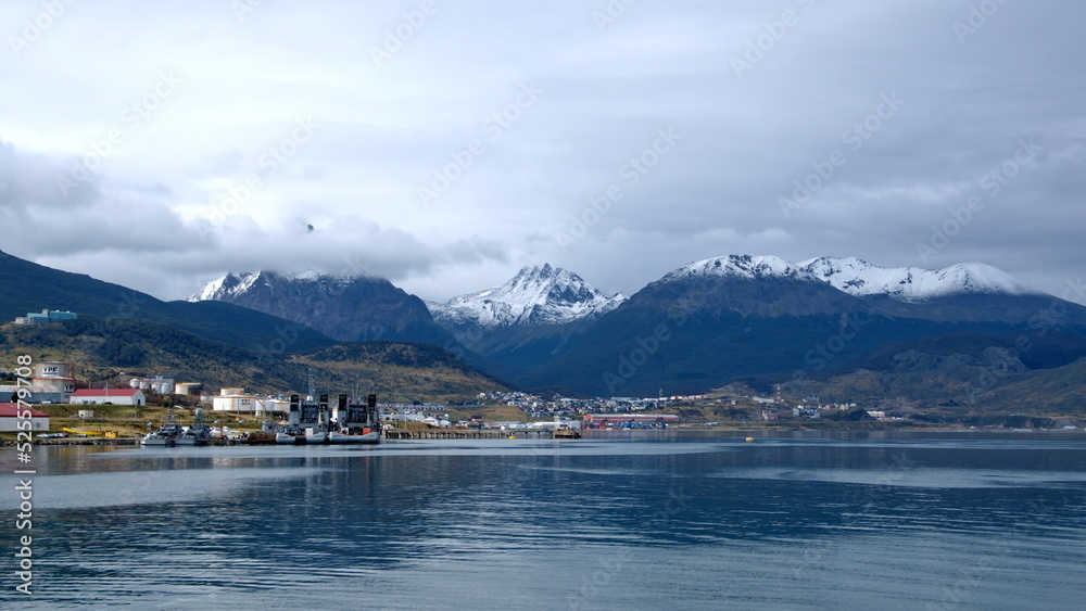 Martial Mountains covered in snow above the town of Ushuaia, Argentina, on the Beagle Channel