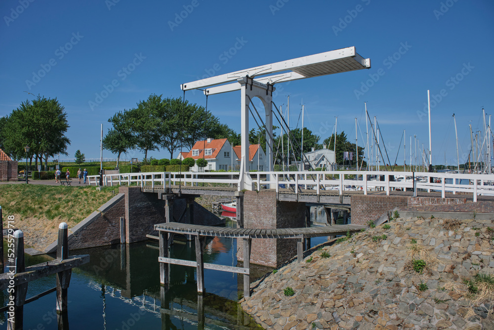 VEERE, NETHERLANDS - The marina (harbor) and historic bridge in Veere, Zeeland