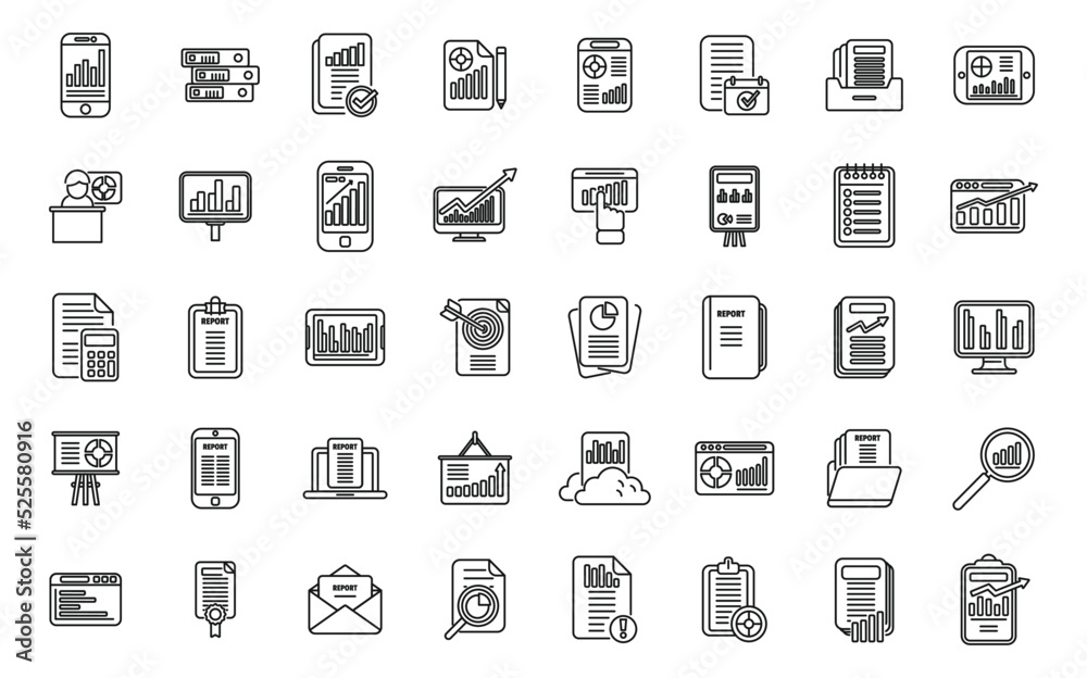 Business report icons set outline vector. File document Business report icons set outline vector. File document