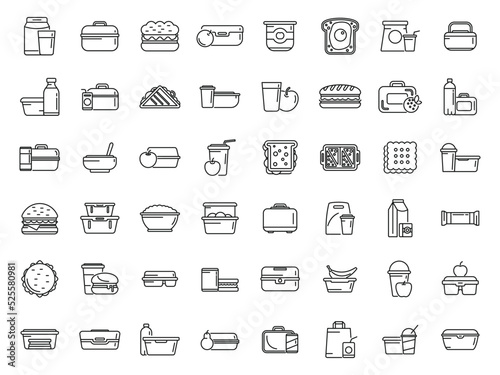 School breakfast icons set outline vector. Lunch bag