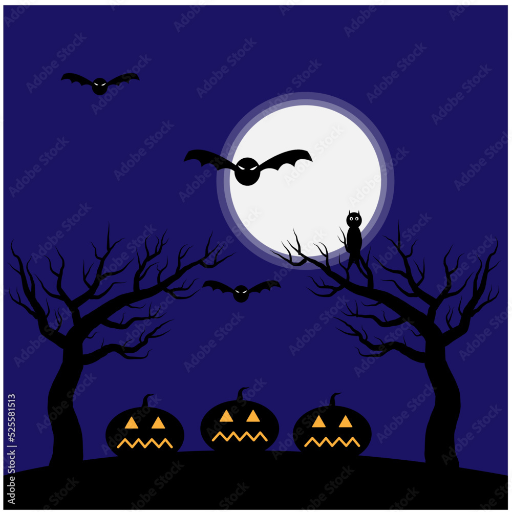 Halloween picture with pumpkins, bats, owl and moon