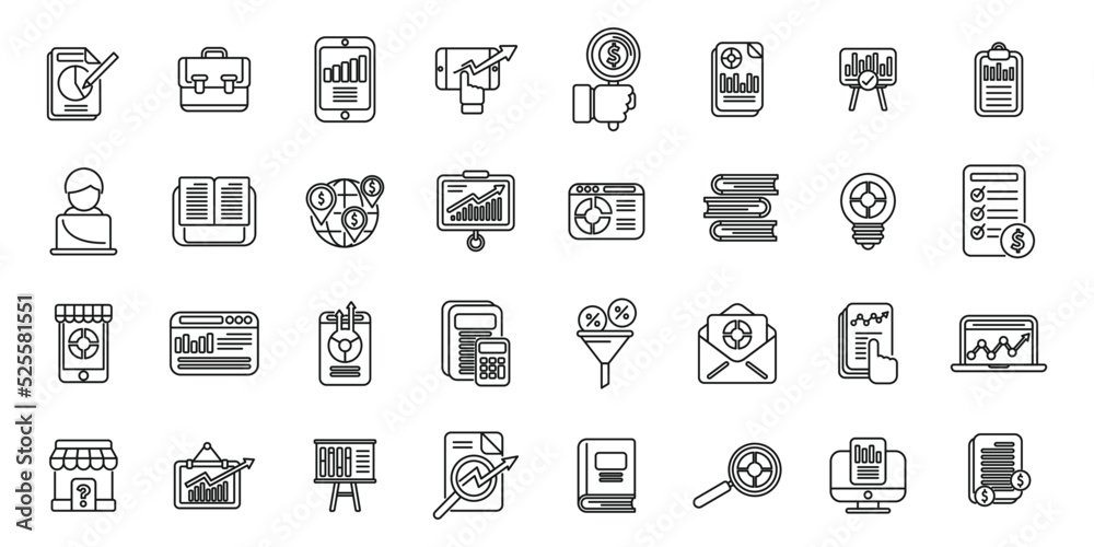 Market studies icons set outline vector. Economic analysis Market studies icons set outline vector. Economic analysis