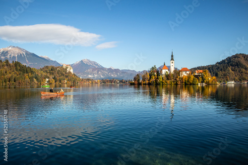 Panoramic view of Julian Alps, Lake Bled with St. Marys Church of the Assumption on the small island. Bled, Slovenia, Europe. © kasto