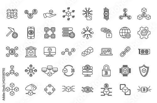 Block chain icons set outline vector. Crypto data