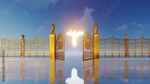 Golden gates of heaven opening to reaveal glowing floating angel photo