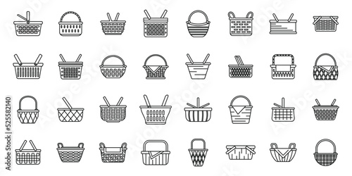 Picnic basket icons set outline vector. Fruit hamper