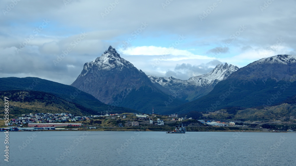 Martial Mountains covered in snow above the town of Ushuaia, Argentina, on the Beagle Channel
