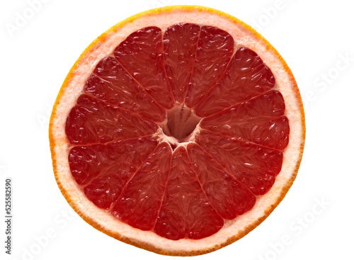 a slice of grapefruit lies on a white background