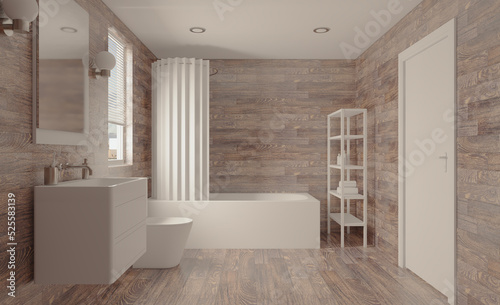 Spacious bathroom, clean, beautiful, luxurious, bright room. 3D rendering.