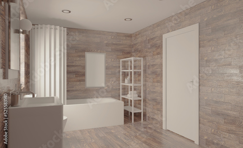 Scandinavian bathroom, classic vintage interior design. 3D rendering.. Mockup. Empty paintings