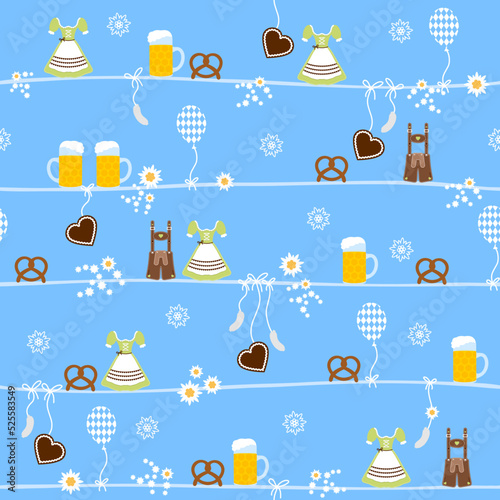 Endlosmuster Oktoberfest Symbole Grün Braun Blauer Hintergrund