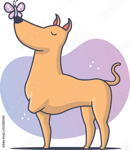 Tripod, three legged dog playing with butterfly vector cartoon illustration