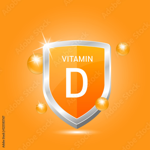 Vitamin D shield with orange atom circle bubbles surround. Protect body stay healthy. Medical scientific concept. For nutrition products food. Vector illustration 3D. Natural extracts.	