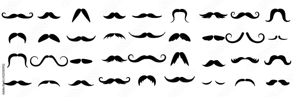 Set of mustaches black silhouettes. Collection of men's mustaches. Vector illustration.