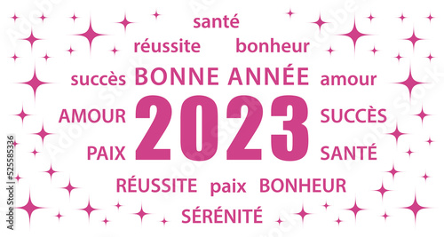Bonne année 2023 ! Carte de vœux blanche et rose en français. Bannière flat design vectorielle.