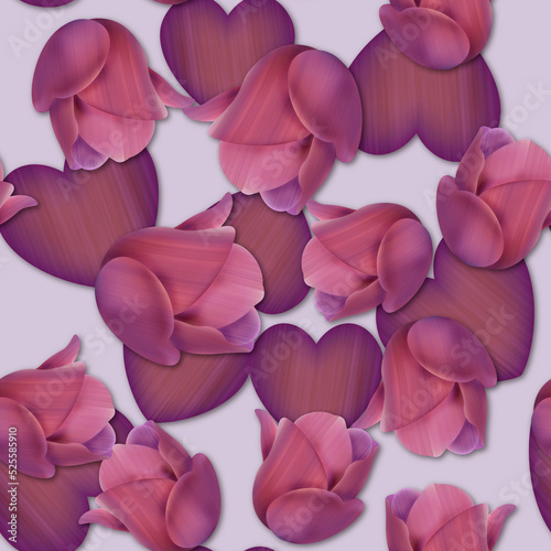 Tulips and hearts. Seamless pattern with flowers for print, greeting cards, advertising. © OlgaKSDiz