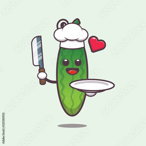 cute chef cucumber charater cartoon illustration. cute vegetable icon vector illustration.