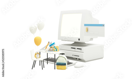 Back to school join to online learning with school supplies and equipment. laptop computer screen with phone and school accessories and textbooks on yellow and blue background. 3D Rendering PSD