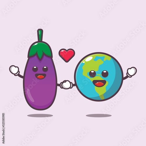 Cute eggplant and earth charater cartoon illustration. Cute vegetable icon vector illustration.