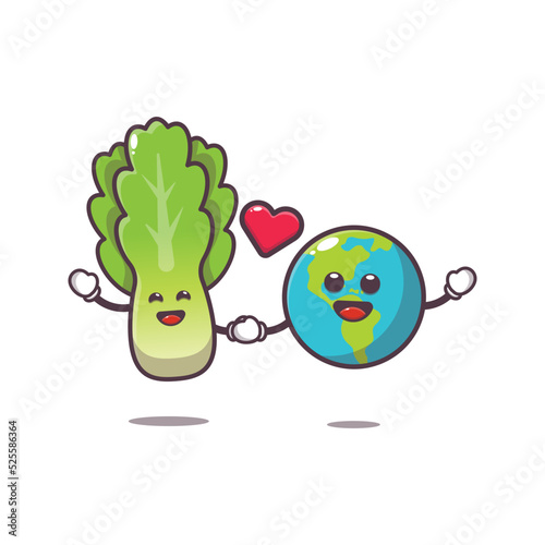 Cute lettuce and earth charater cartoon illustration. Cute vegetable icon vector illustration.