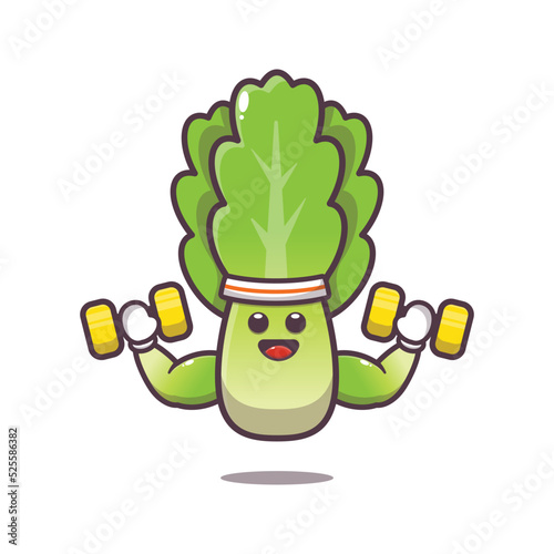 Strong fitness lettuce charater cartoon illustration. Cute vegetable icon vector illustration